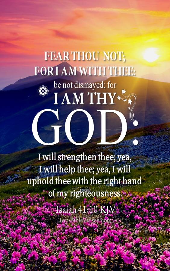 Isaiah 41-10 - Fear thou not; for I am with thee: be not dismayed; for I am thy God. KJV Christian Bible Verse Mobile Wallpaper.