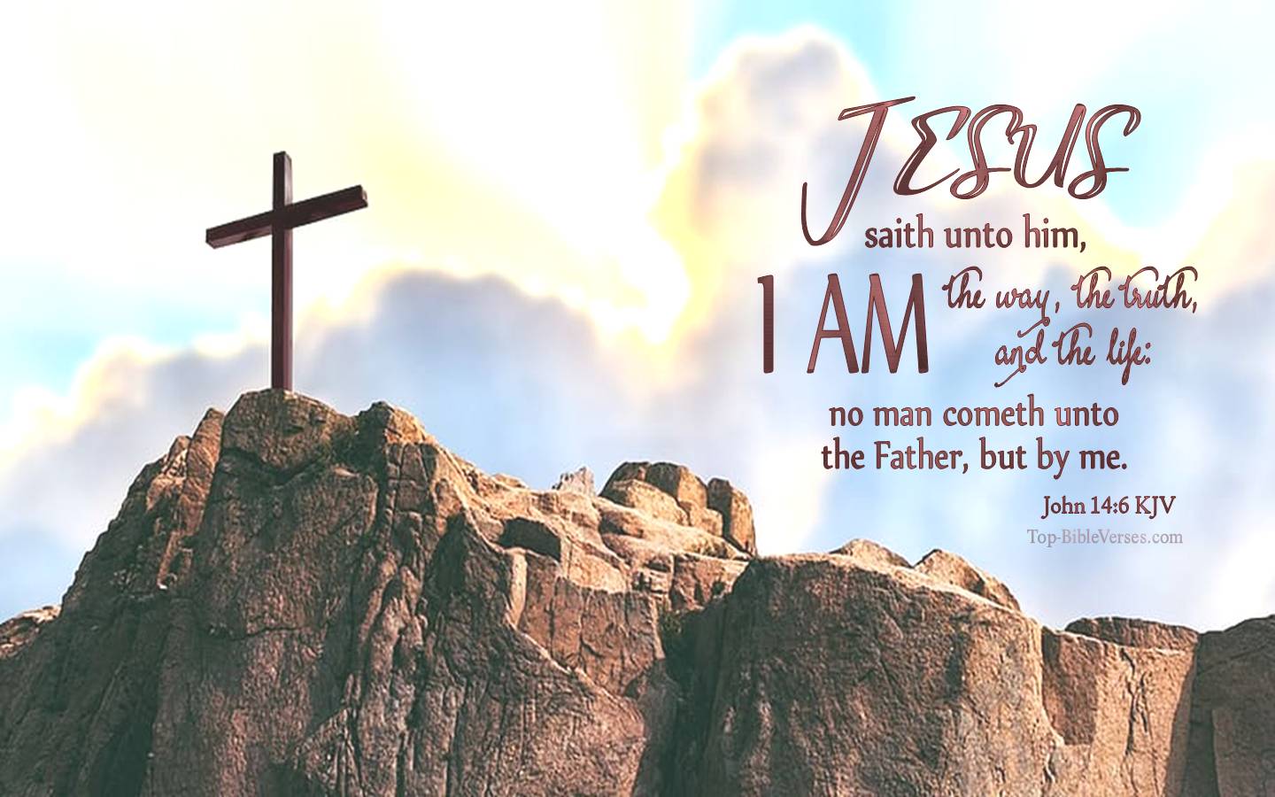 John 14:6 - I am the way, the truth, and the life: no man cometh unto the Father, but by me. KJV Christian Bible Verse Desktop Wallpaper.
