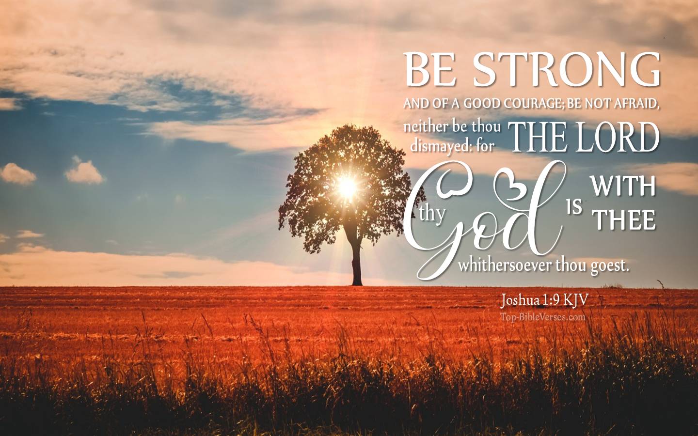 Joshua 1-9 - Be strong and of a good courage; be not afraid, neither be thou dismayed. KJV Christian Bible Verse Desktop Wallpaper.