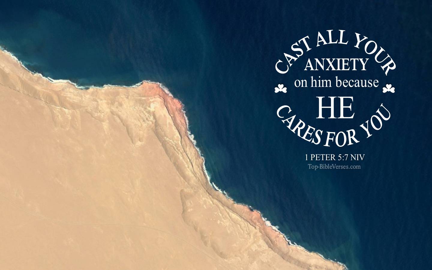 1 Peter 5-7 - Cast all your anxiety on him because he cares for you. NIV Christian Bible Verse Desktop Wallpaper.