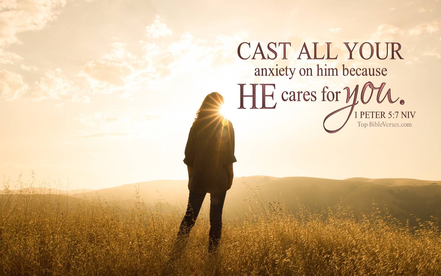 1 Peter 5-7 - Cast all your anxiety on him because he cares for you. NIV Christian Bible Verse Desktop Wallpaper.