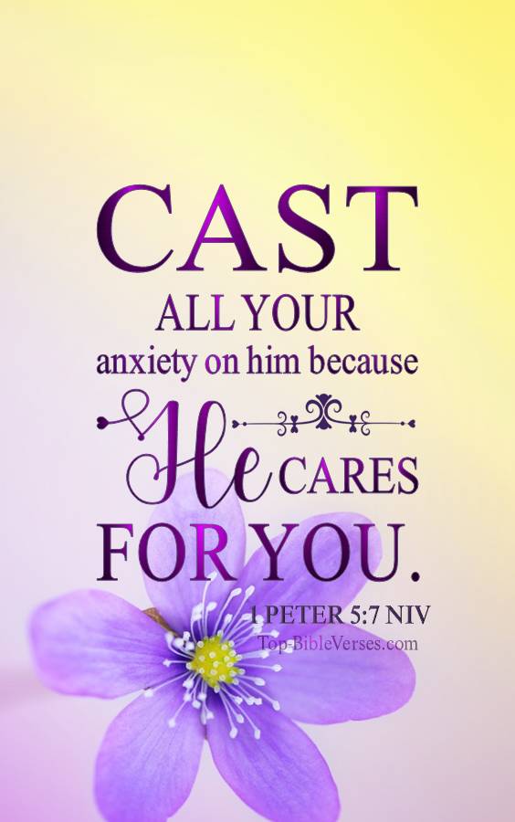1 Peter 5-7 - Cast all your anxiety on him because he cares for you. NIV Christian Bible Verse Mobile Wallpaper.
