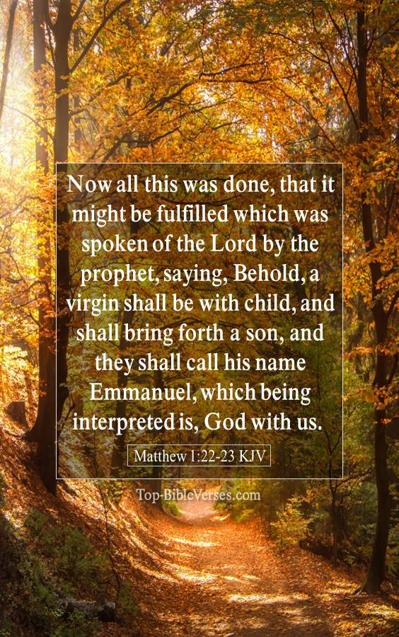 Matthew 1-22-23 KJV - Now all this was done, that it might be fulfilled which was spoken of the Lord by the prophet, saying, Behold, a virgin shall be with child, and shall bring forth a son, and they shall call his name Emmanuel, which being interpreted is, God with us.